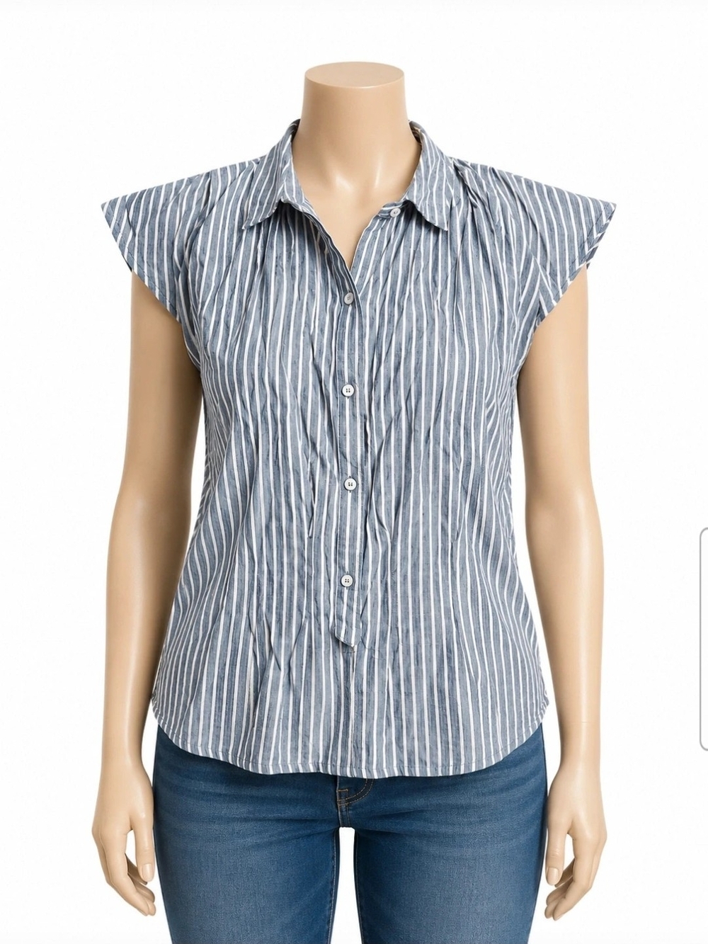 Max Studio Blue and White Striped Cap-Sleeve Button Down Top